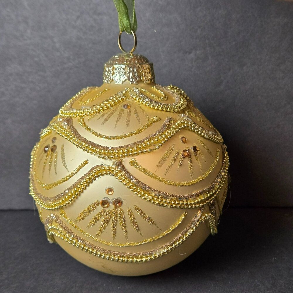 Frontgate Gold Beaded Scalloped Glass Ornament 4 Inch Handcrafted Holiday Decor